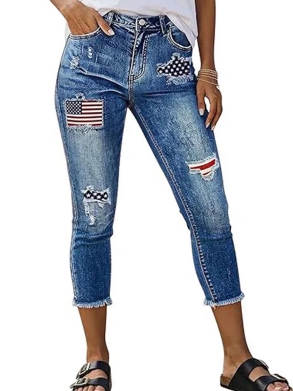 Flamingals Patriotic cutout Distressed Capri Jeans NWT Size Medium